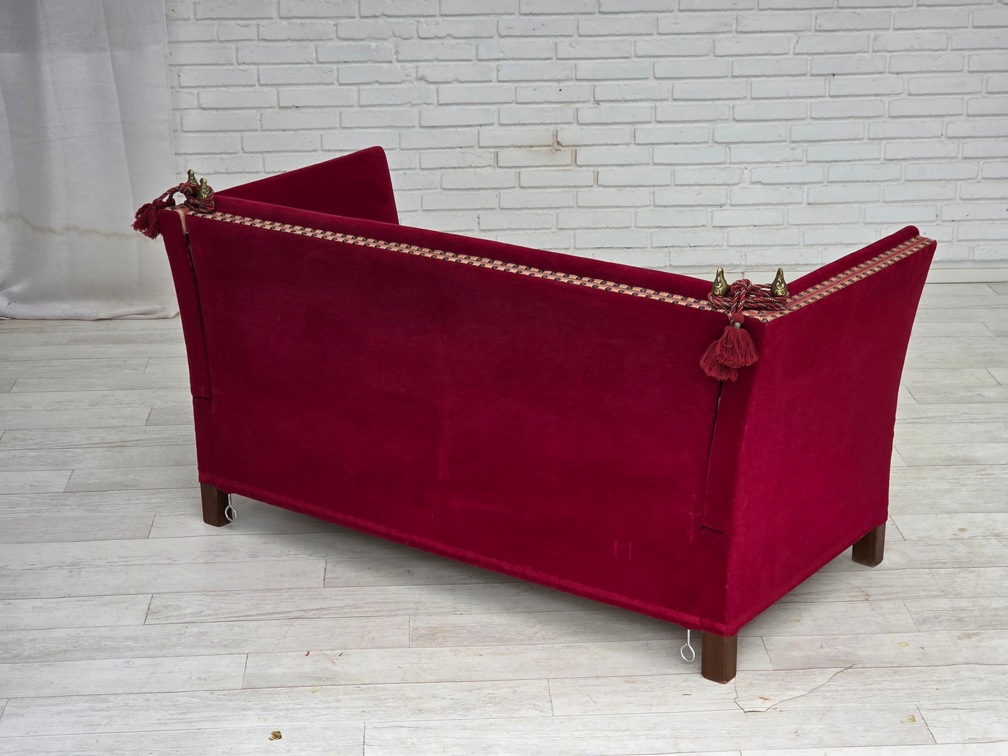 1970s, Danish 2-seater "Spanish" drop arm sofa, cherry-red furniture velour.
