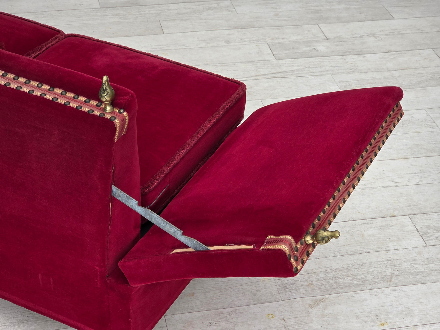 1970s, Danish 2-seater "Spanish" drop arm sofa, cherry-red furniture velour.