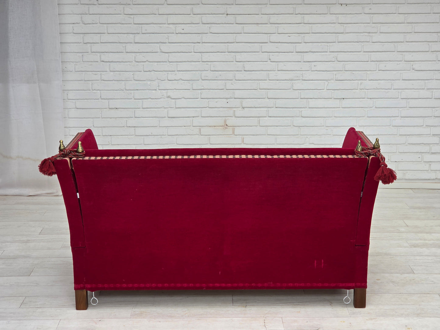 1970s, Danish 2-seater "Spanish" drop arm sofa, cherry-red furniture velour.