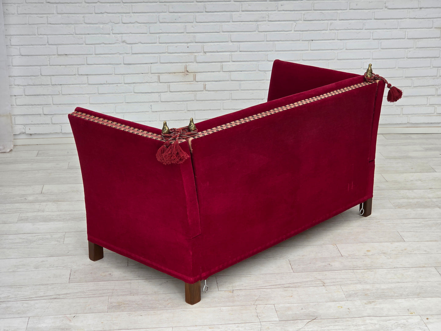 1970s, Danish 2-seater "Spanish" drop arm sofa, cherry-red furniture velour.