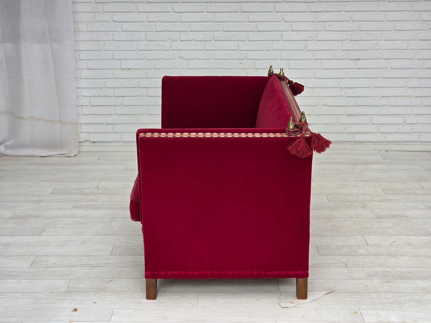 1970s, Danish 2-seater "Spanish" drop arm sofa, cherry-red furniture velour.