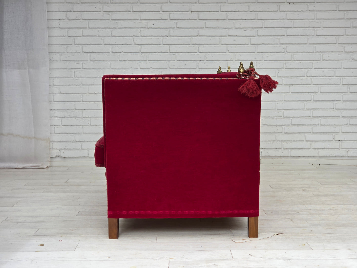 1970s, Danish 2-seater "Spanish" drop arm sofa, cherry-red furniture velour.