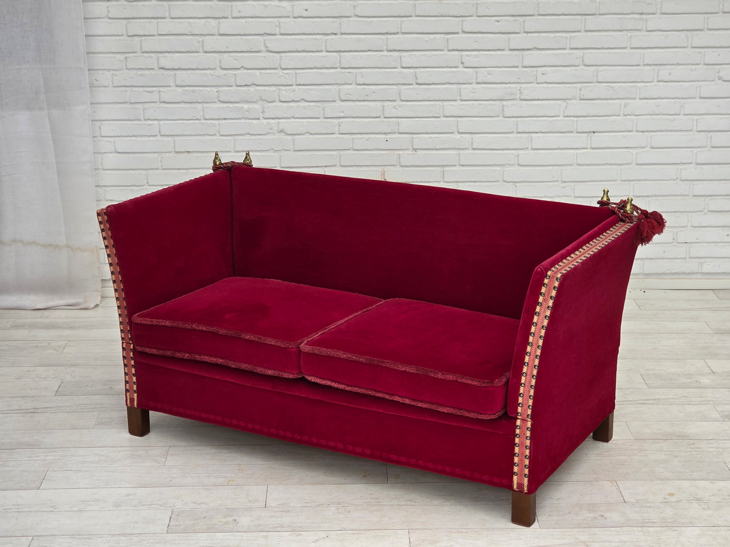 1970s, Danish 2-seater "Spanish" drop arm sofa, cherry-red furniture velour.