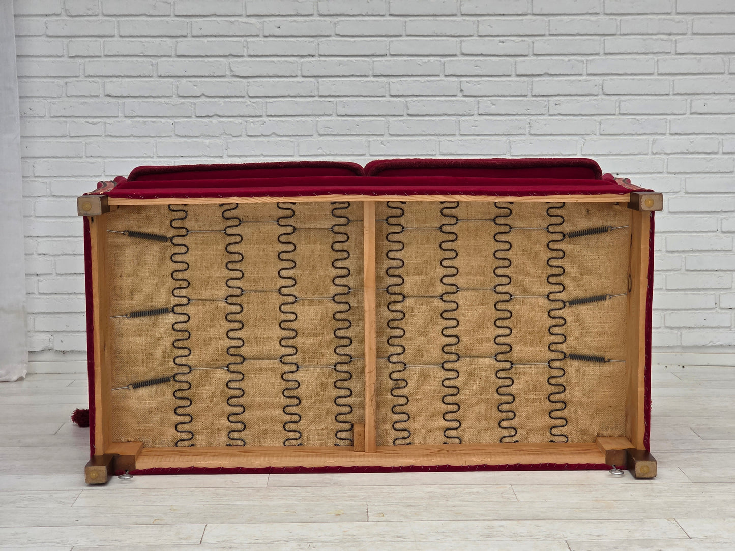 1970s, Danish 2-seater "Spanish" drop arm sofa, cherry-red furniture velour.