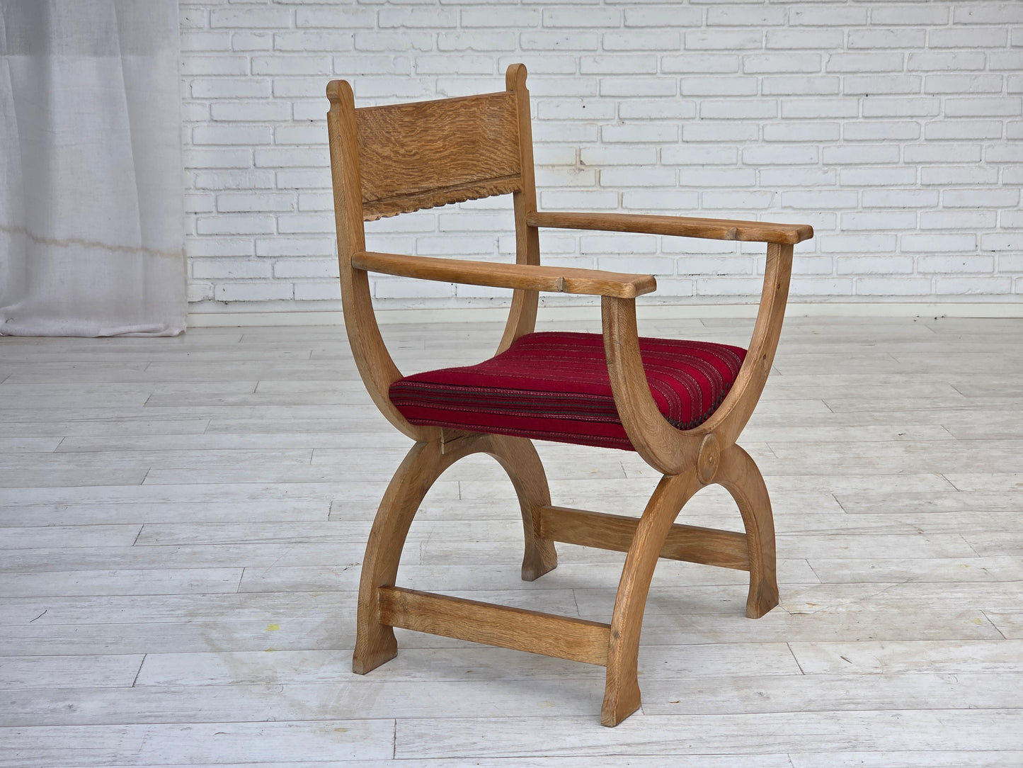1970s, Danish armchair, original red furniture wool, solid oak wood.