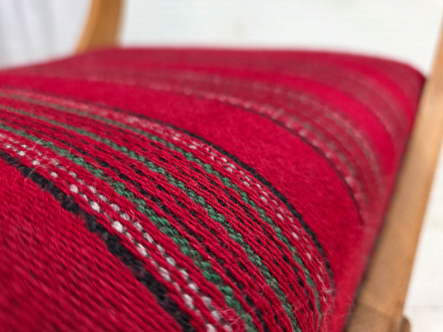 1970s, Danish armchair, original red furniture wool, solid oak wood.