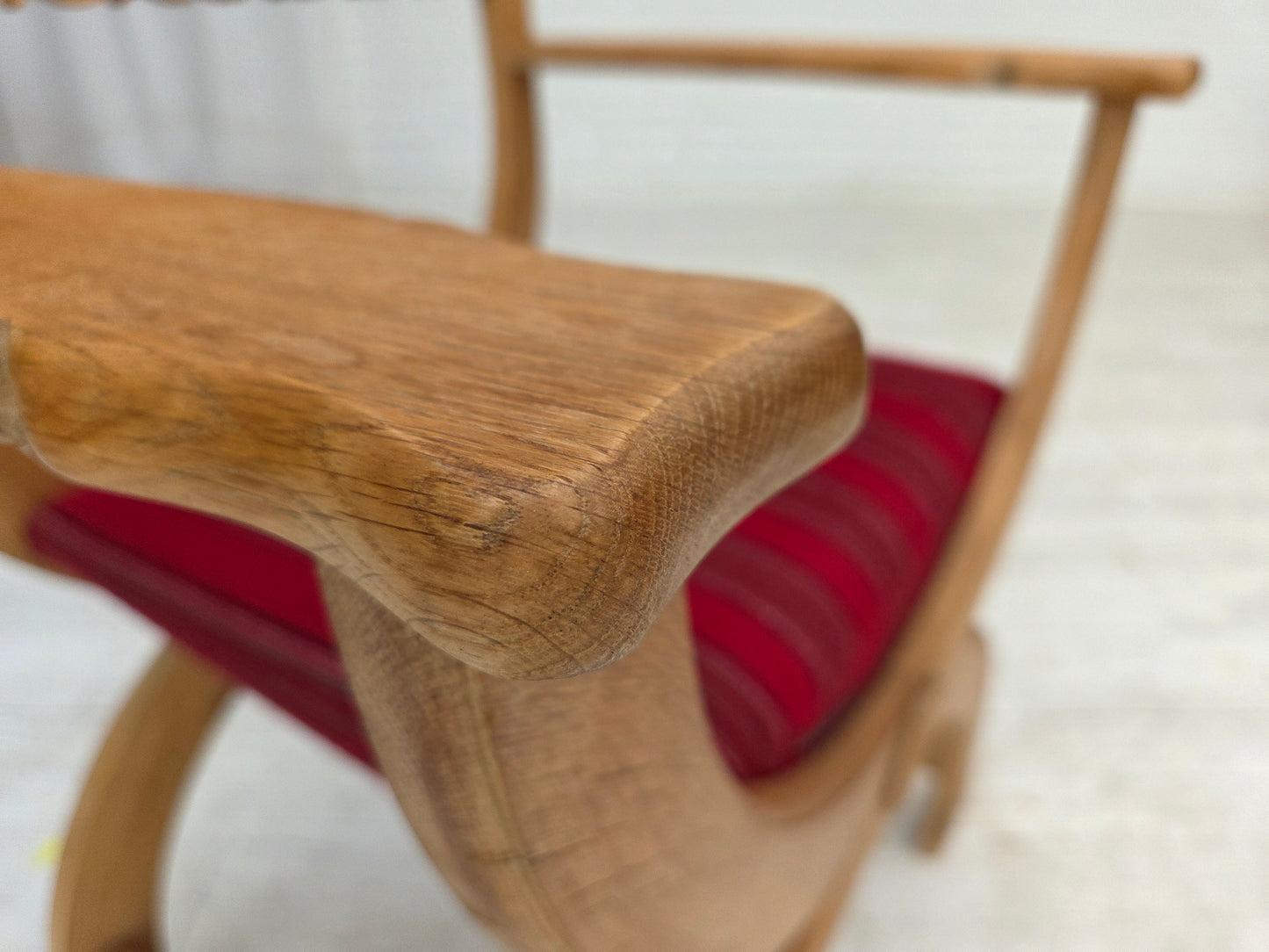 1970s, Danish armchair, original red furniture wool, solid oak wood.