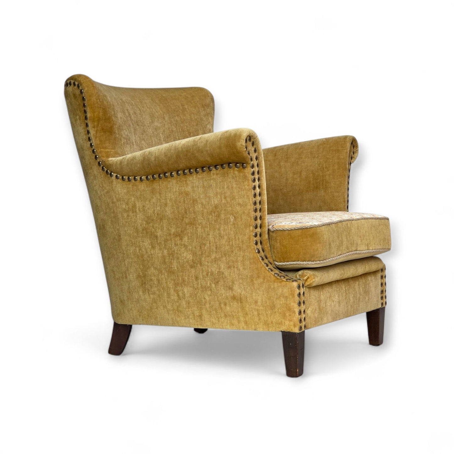 1960s, Danish armchair, honey-yellow furniture velour, original condition.