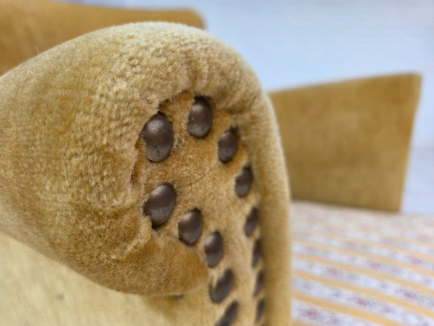 1960s, Danish armchair, honey-yellow furniture velour, original condition.