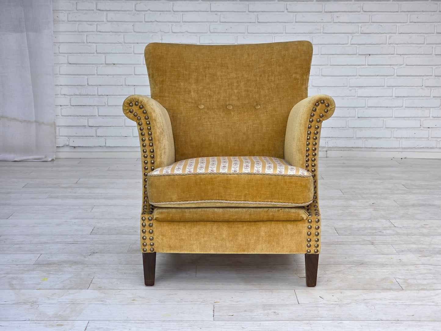 1960s, Danish armchair, honey-yellow furniture velour, original condition.