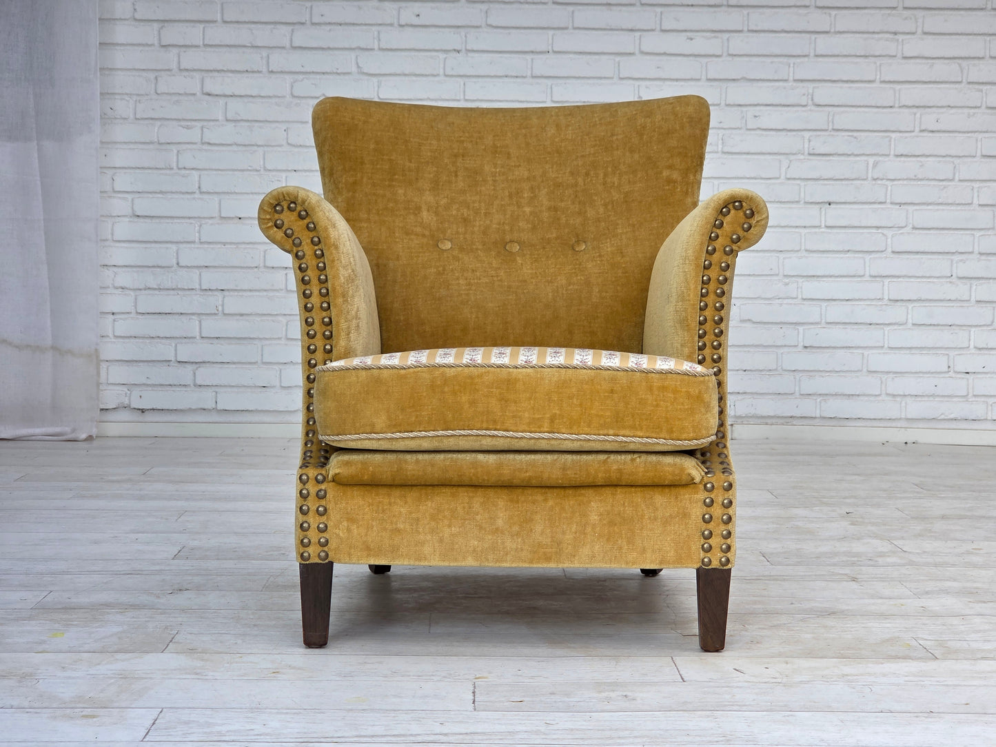 1960s, Danish armchair, honey-yellow furniture velour, original condition.