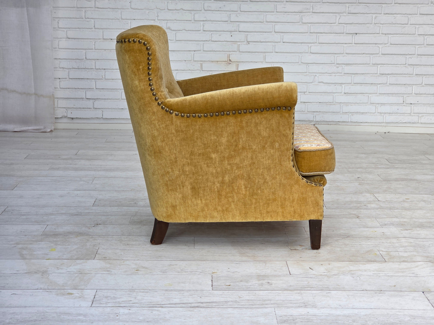 1960s, Danish armchair, honey-yellow furniture velour, original condition.