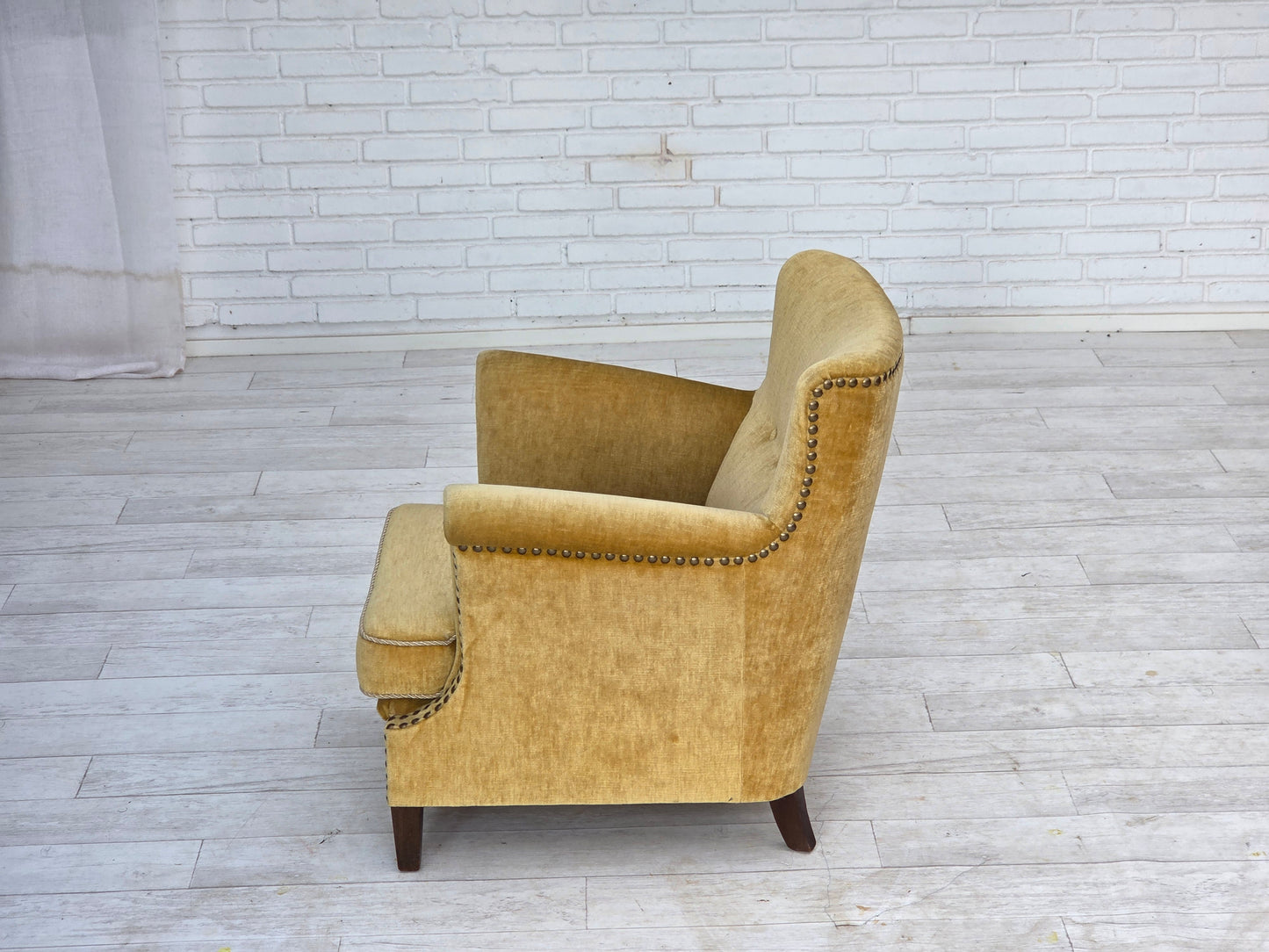 1960s, Danish armchair, honey-yellow furniture velour, original condition.