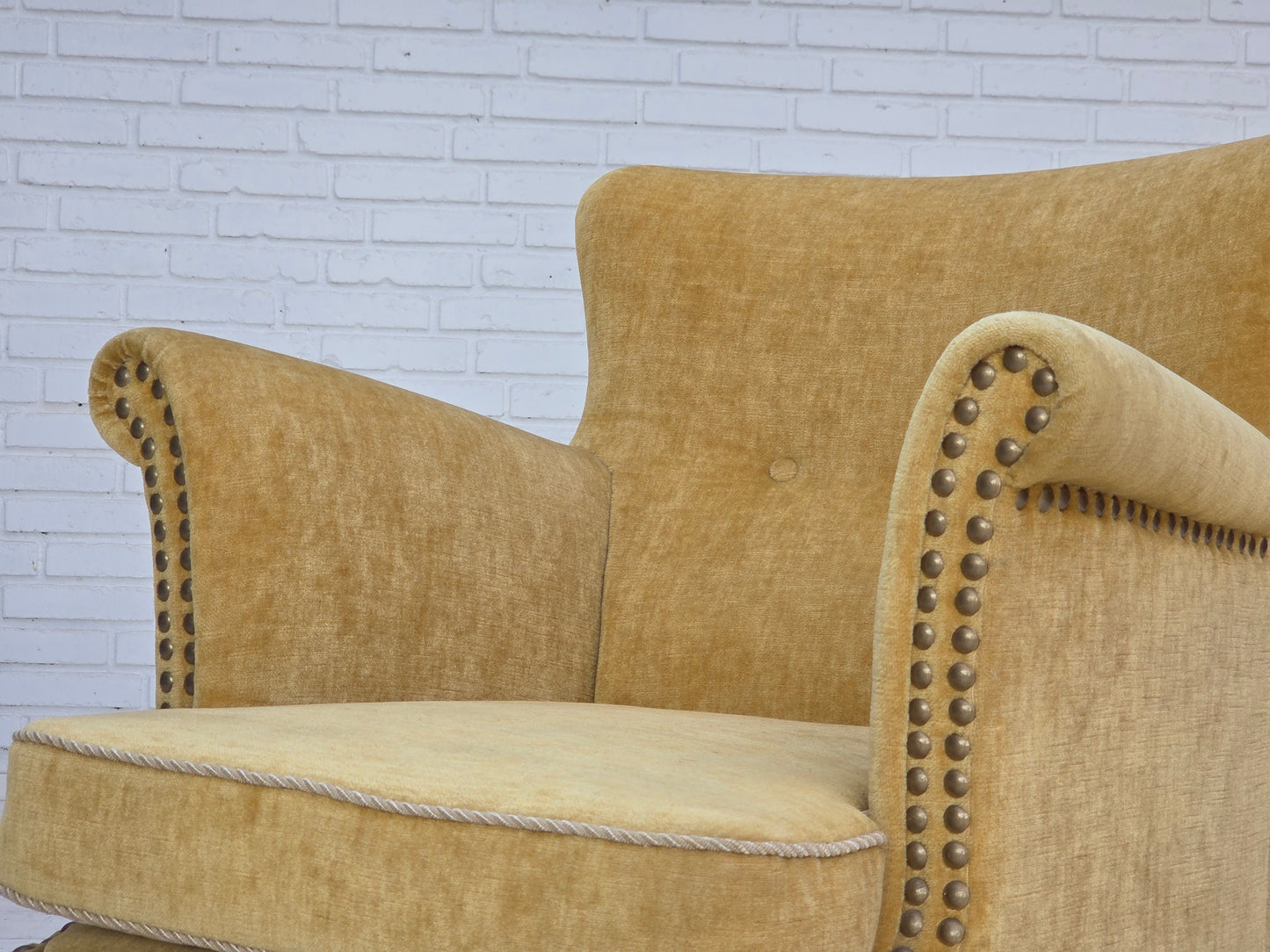 1960s, Danish armchair, honey-yellow furniture velour, original condition.