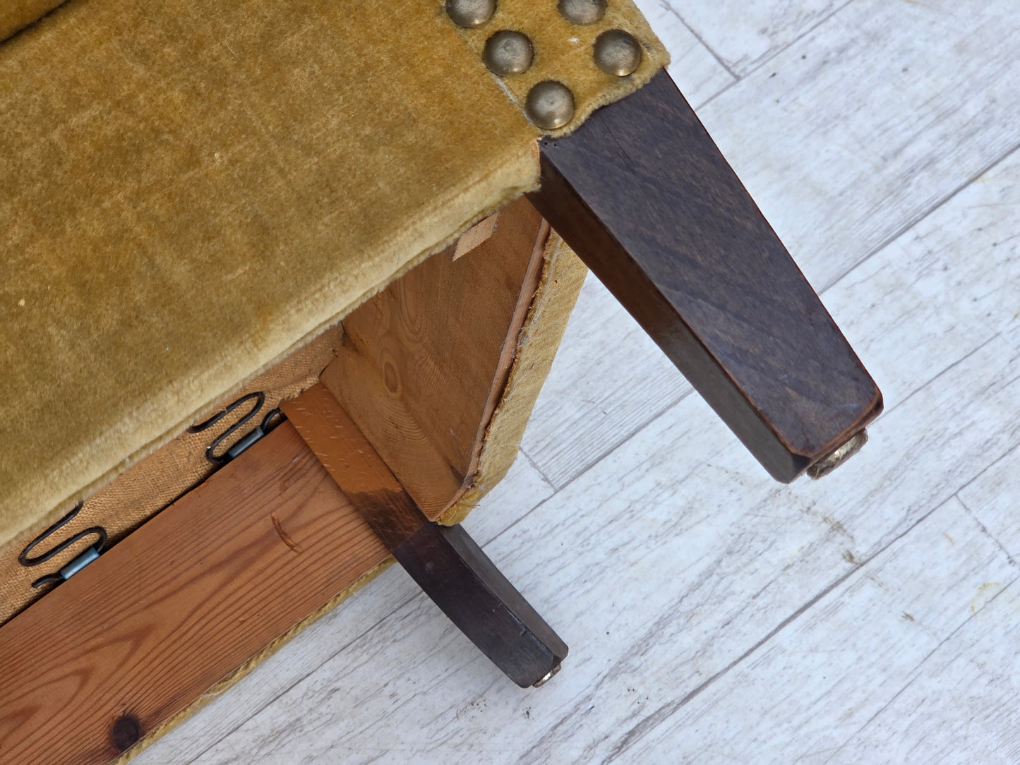 1960s, Danish armchair, honey-yellow furniture velour, original condition.
