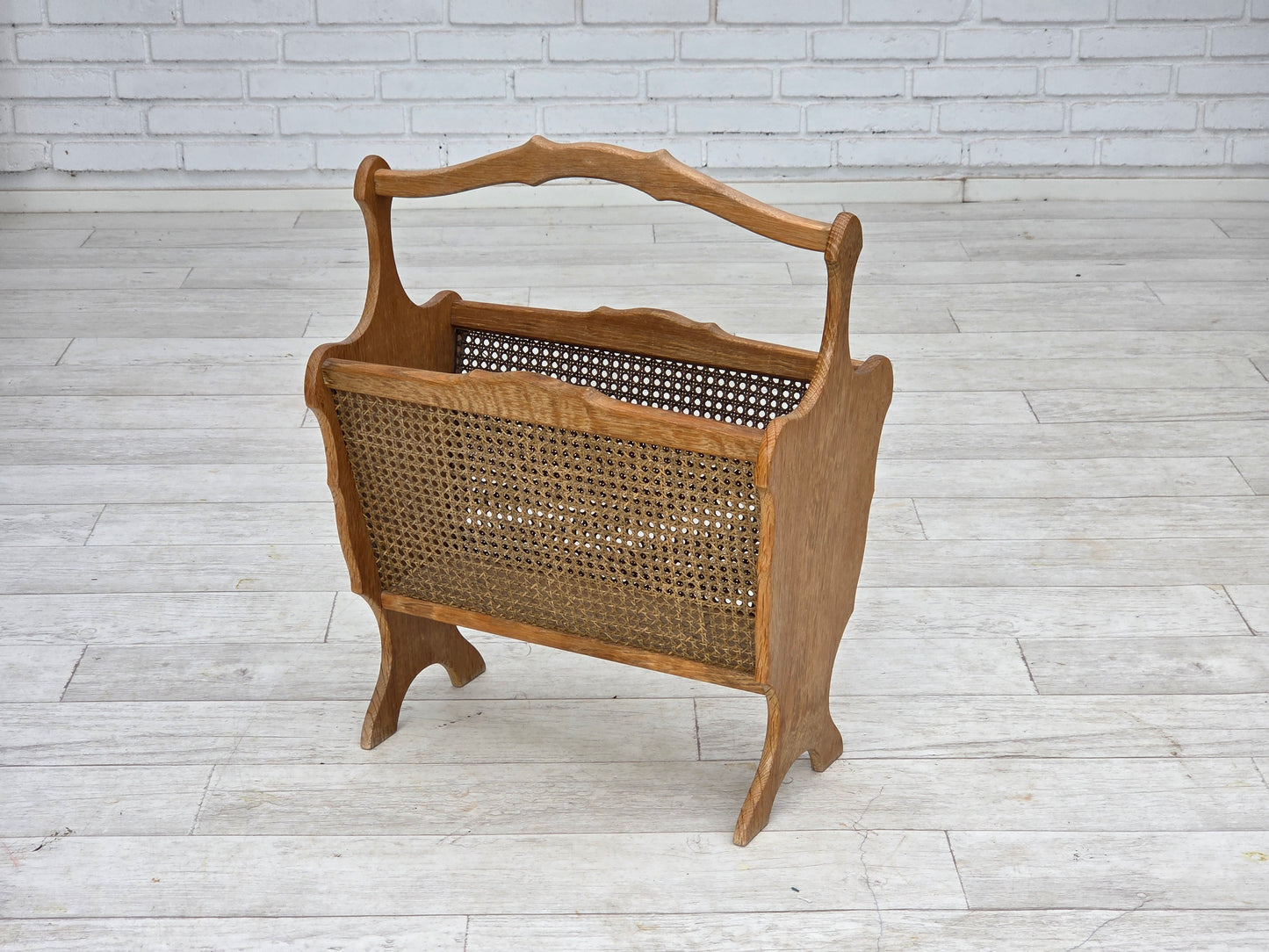 1970s, Danish newspaper holder, solid oak wood, furniture mesh.
