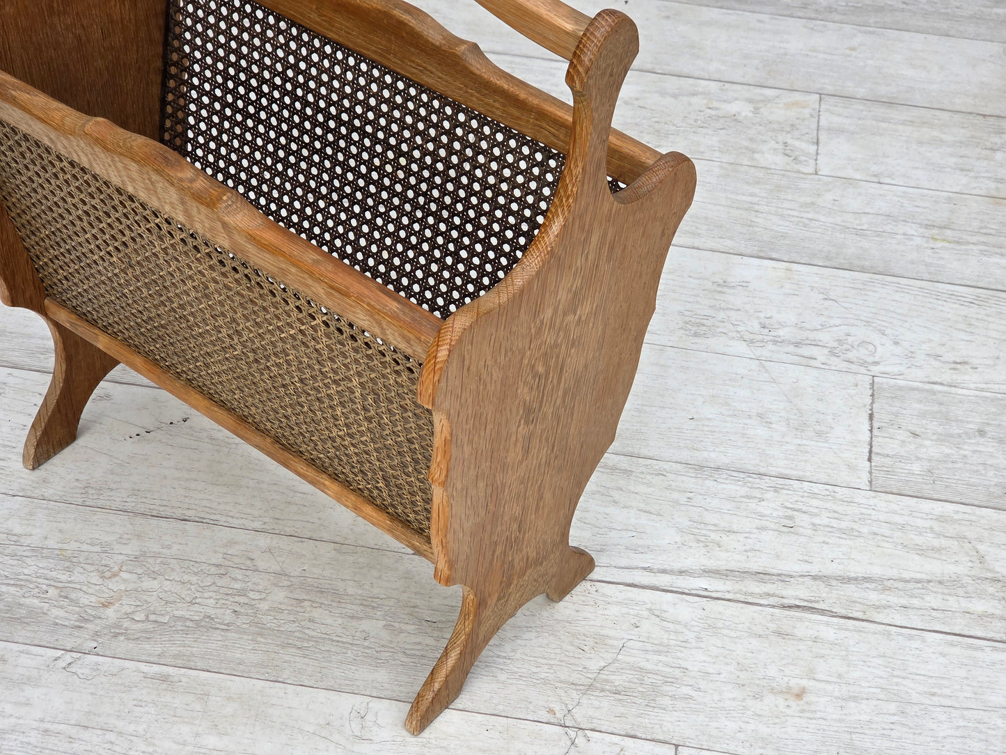 1970s, Danish newspaper holder, solid oak wood, furniture mesh.