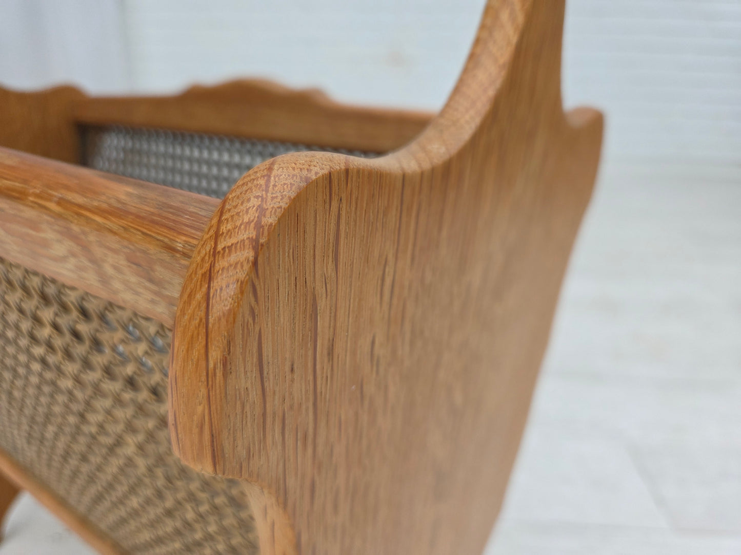 1970s, Danish newspaper holder, solid oak wood, furniture mesh.