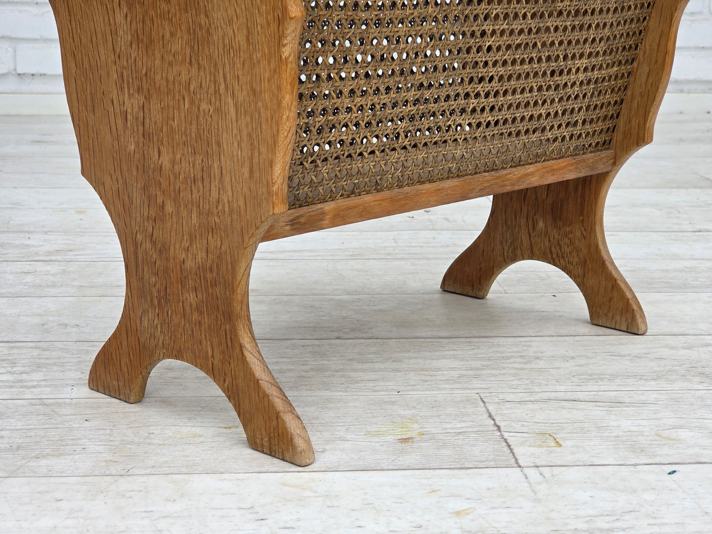 1970s, Danish newspaper holder, solid oak wood, furniture mesh.