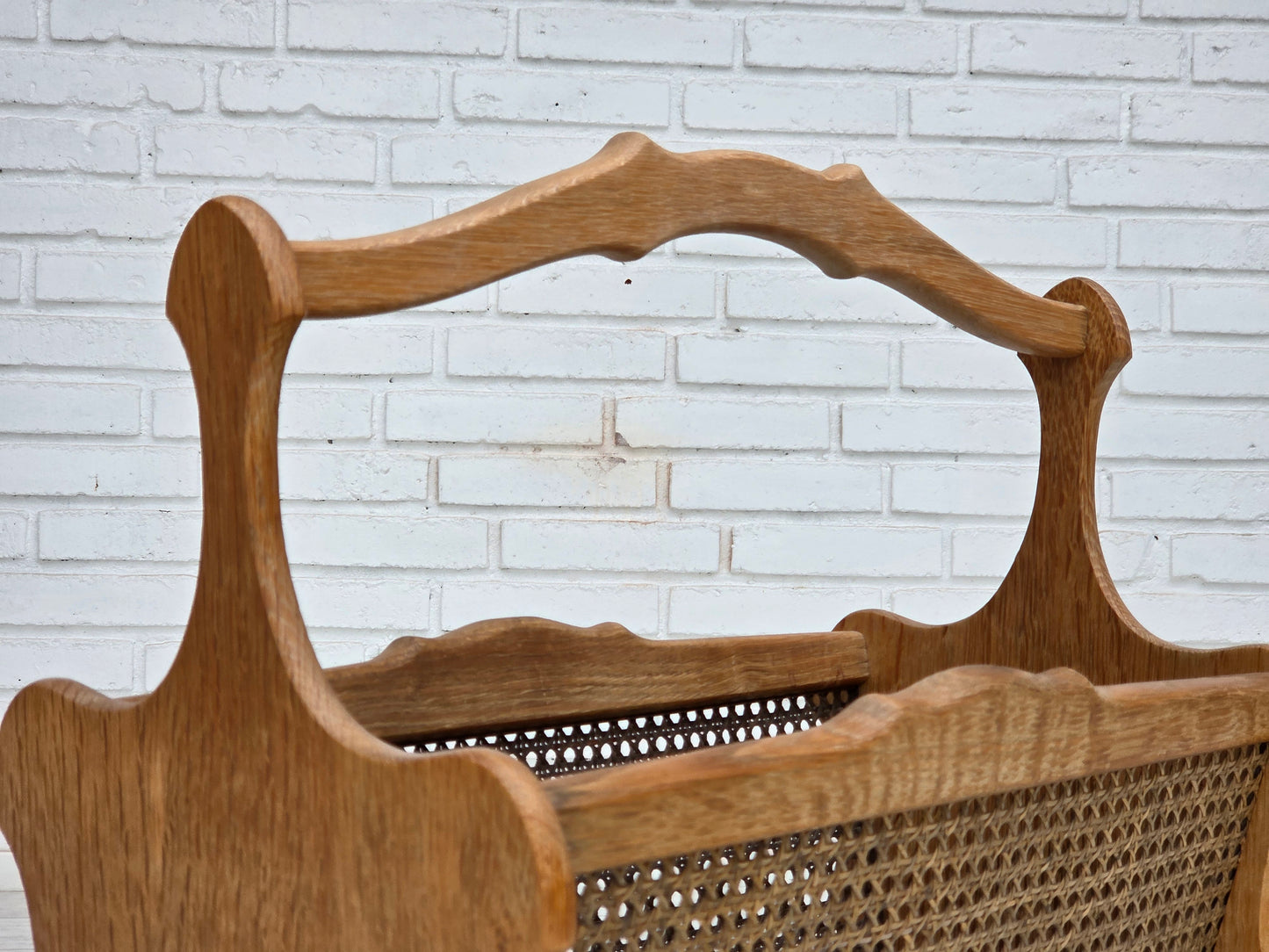 1970s, Danish newspaper holder, solid oak wood, furniture mesh.