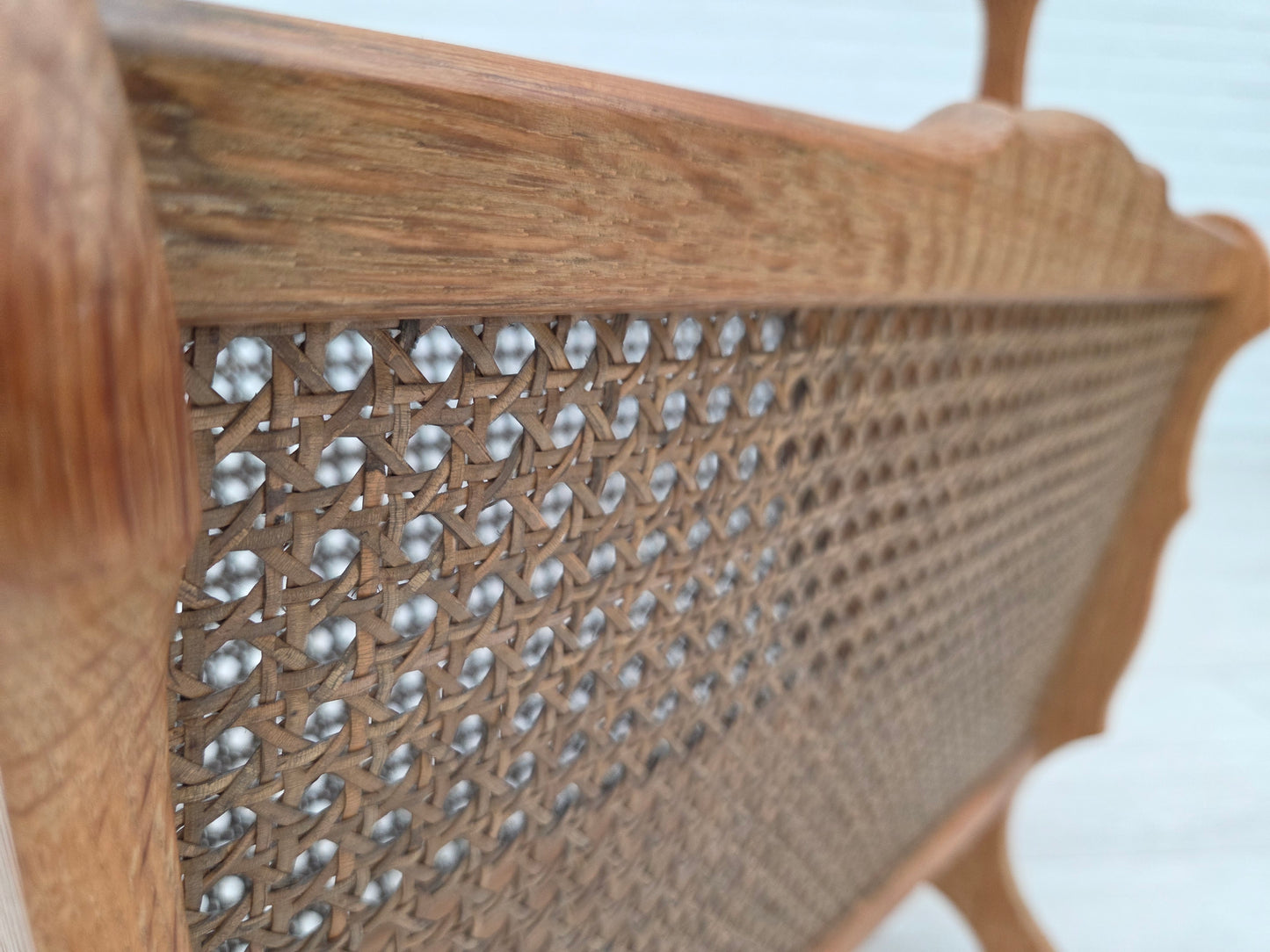 1970s, Danish newspaper holder, solid oak wood, furniture mesh.