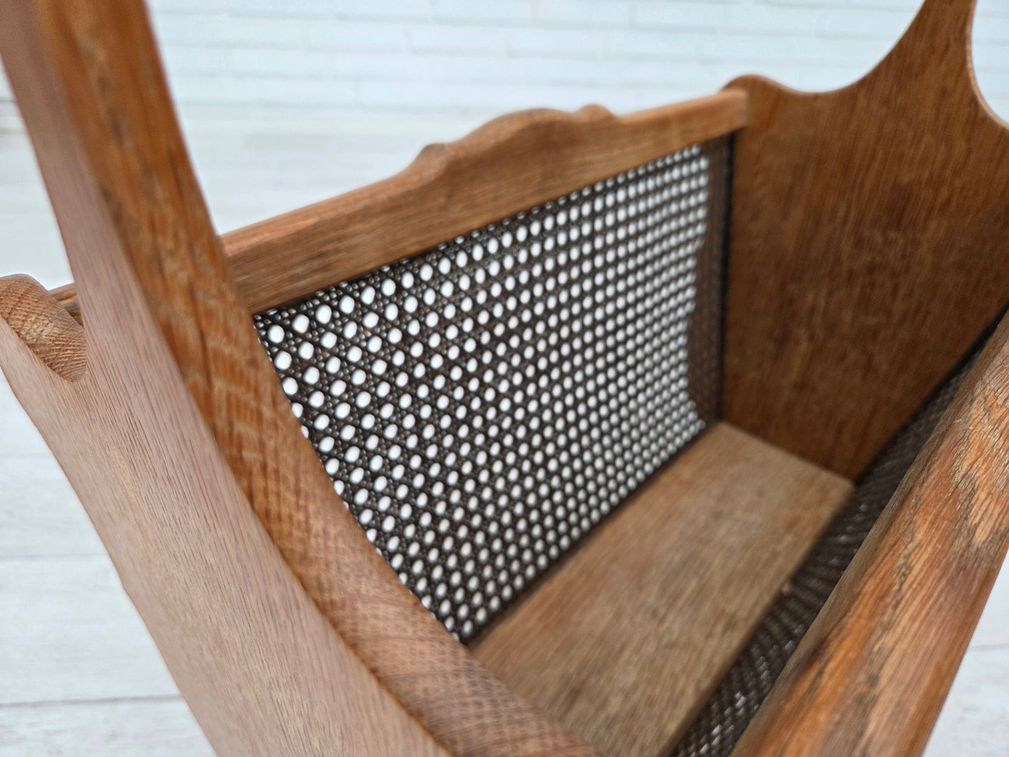 1970s, Danish newspaper holder, solid oak wood, furniture mesh.