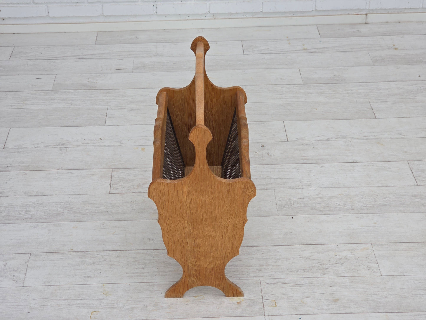 1970s, Danish newspaper holder, solid oak wood, furniture mesh.