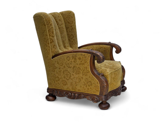 1960s, Danish highback armchair, furniture wool, solid oak wood.