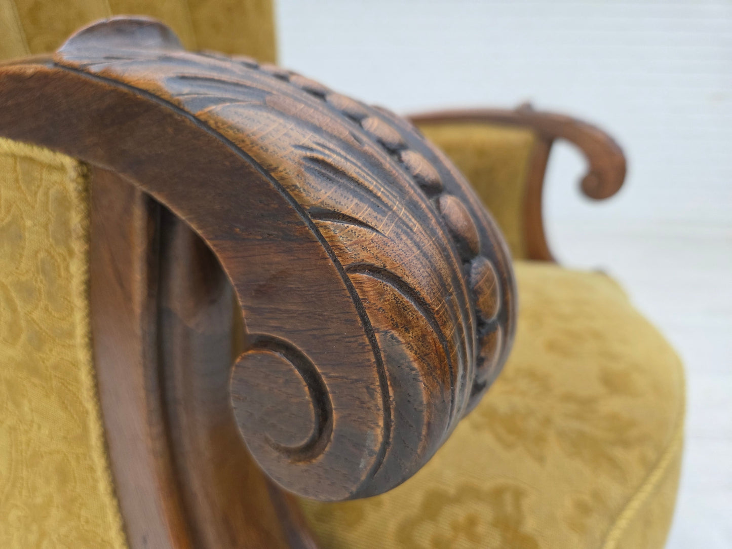 1960s, Danish highback armchair, furniture wool, solid oak wood.