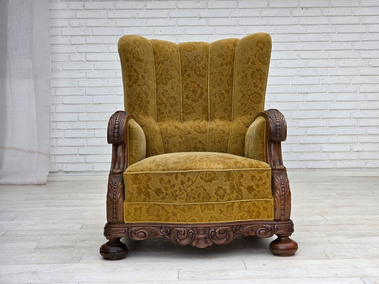 1960s, Danish highback armchair, furniture wool, solid oak wood.