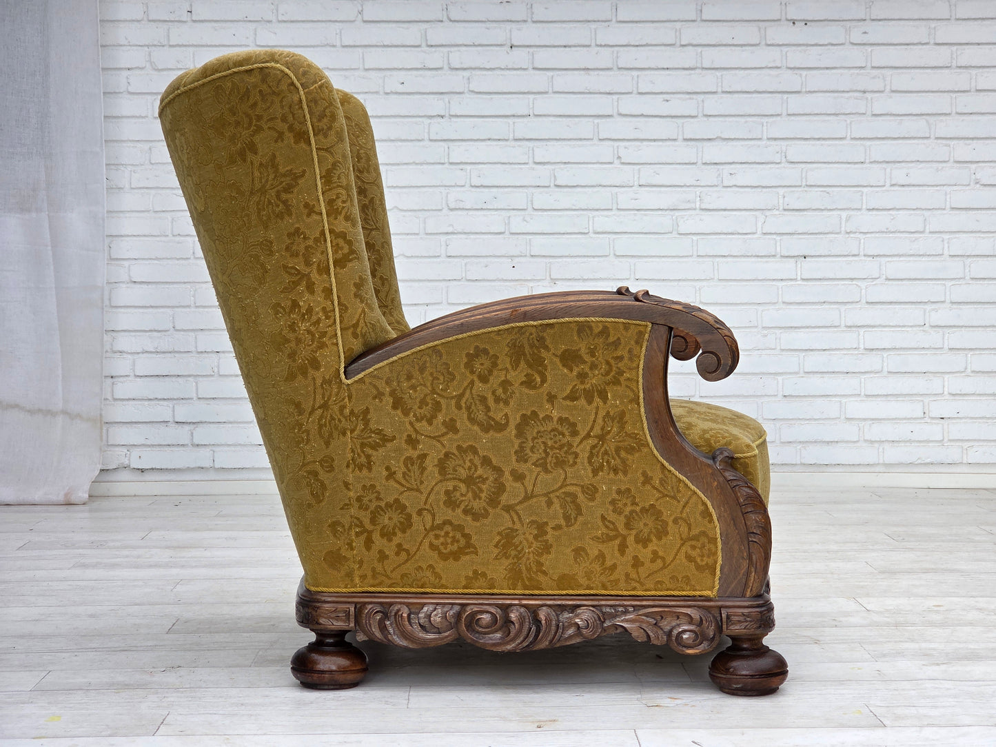 1960s, Danish highback armchair, furniture wool, solid oak wood.