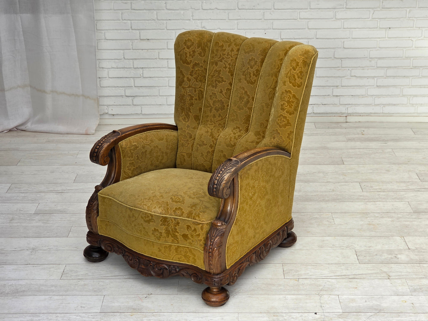 1960s, Danish highback armchair, furniture wool, solid oak wood.