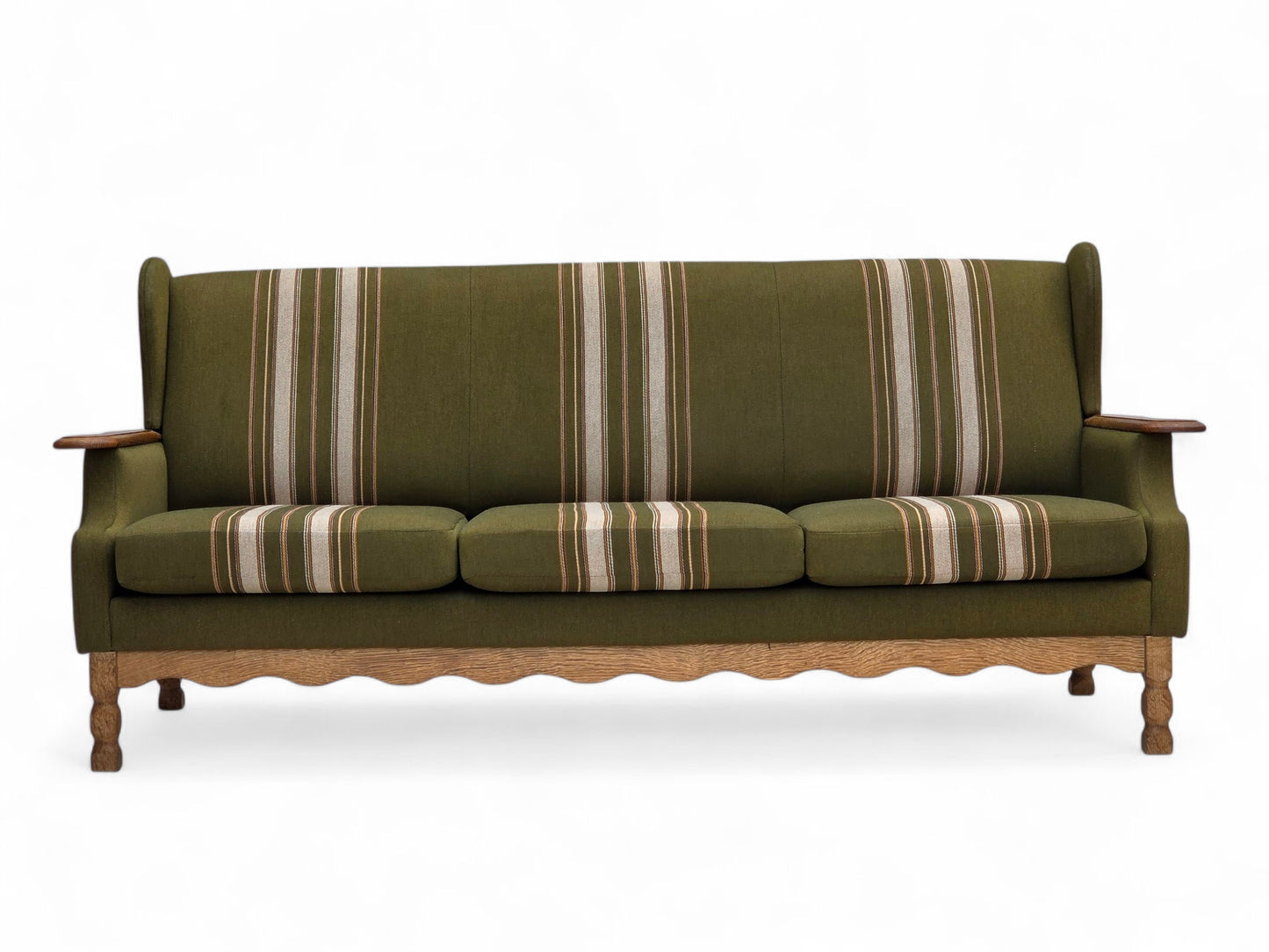 1970s, Danish 3-seater sofa, furniture wool, solid oak wood.