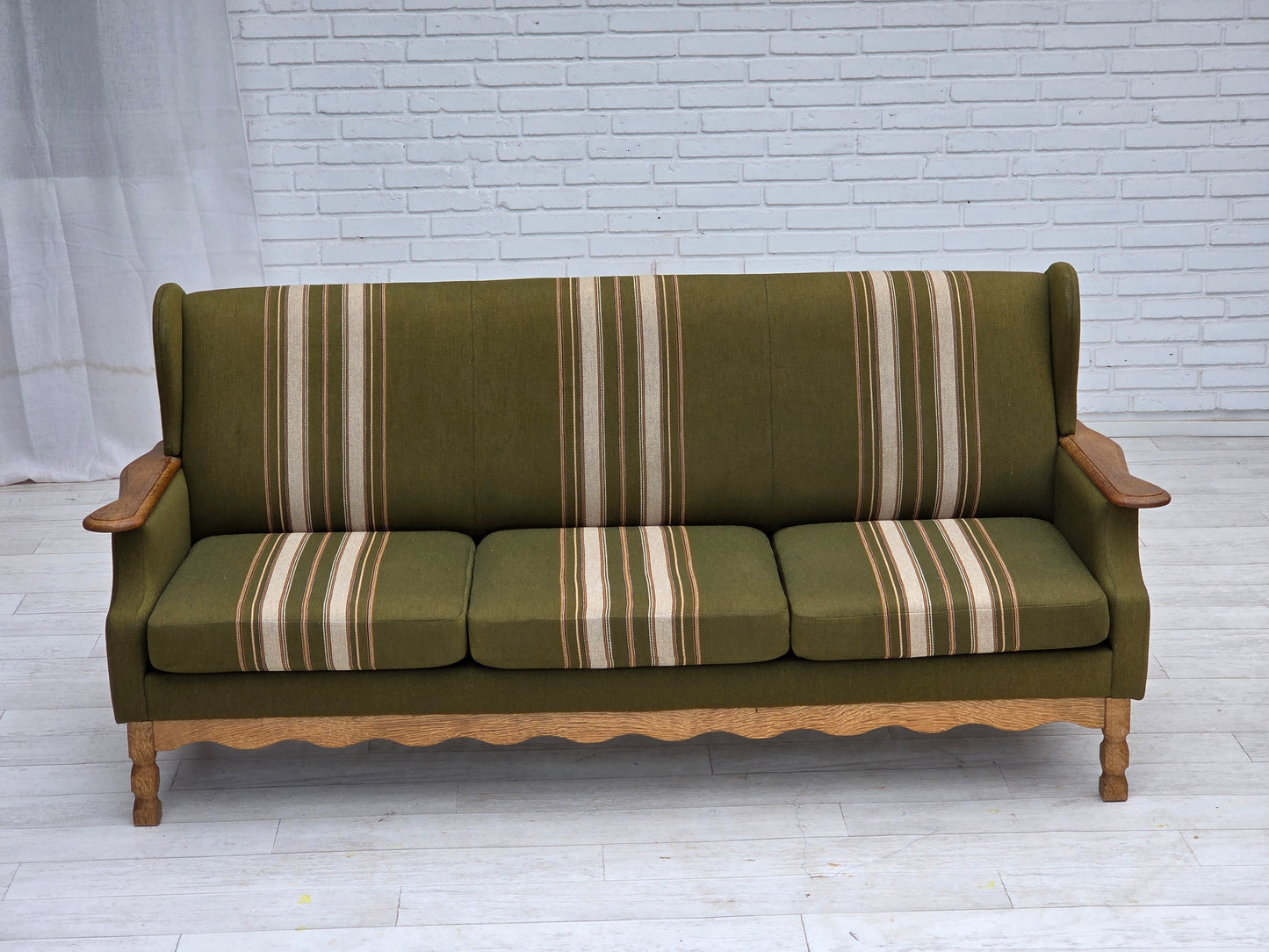 1970s, Danish 3-seater sofa, furniture wool, solid oak wood.