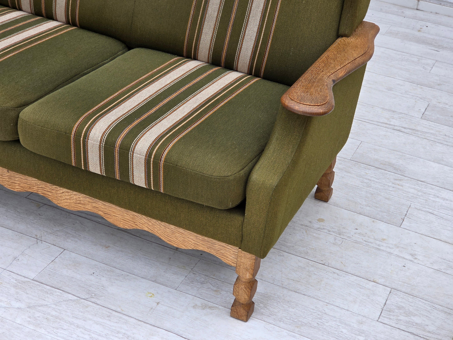 1970s, Danish 3-seater sofa, furniture wool, solid oak wood.