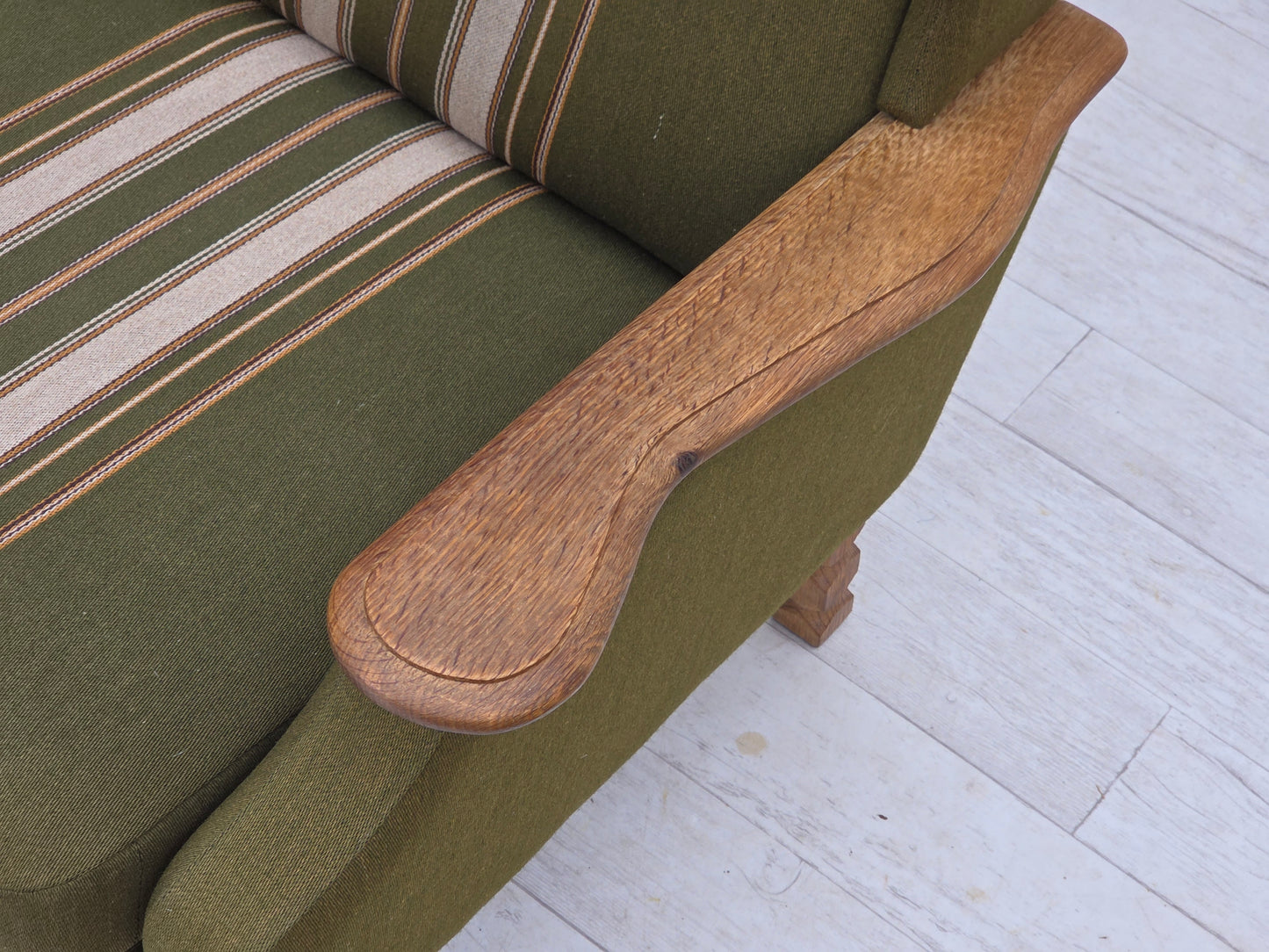 1970s, Danish 3-seater sofa, furniture wool, solid oak wood.