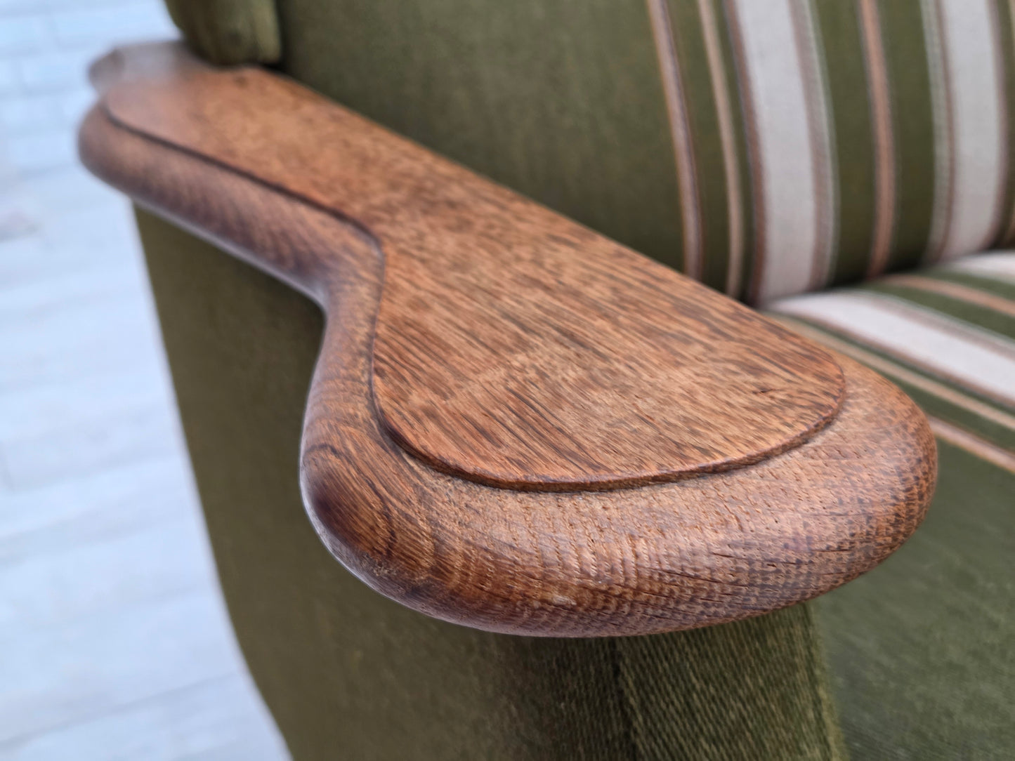 1970s, Danish 3-seater sofa, furniture wool, solid oak wood.