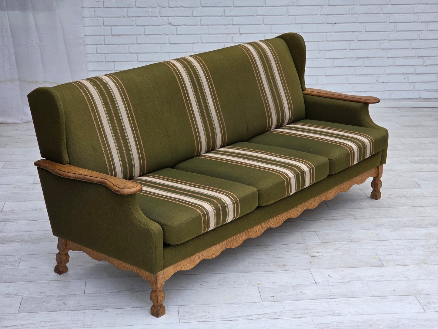 1970s, Danish 3-seater sofa, furniture wool, solid oak wood.