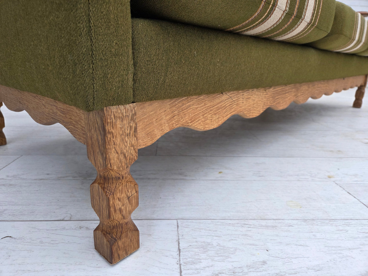 1970s, Danish 3-seater sofa, furniture wool, solid oak wood.