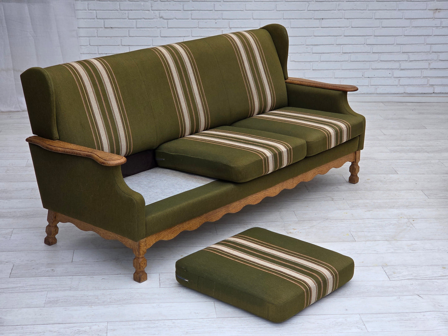 1970s, Danish 3-seater sofa, furniture wool, solid oak wood.