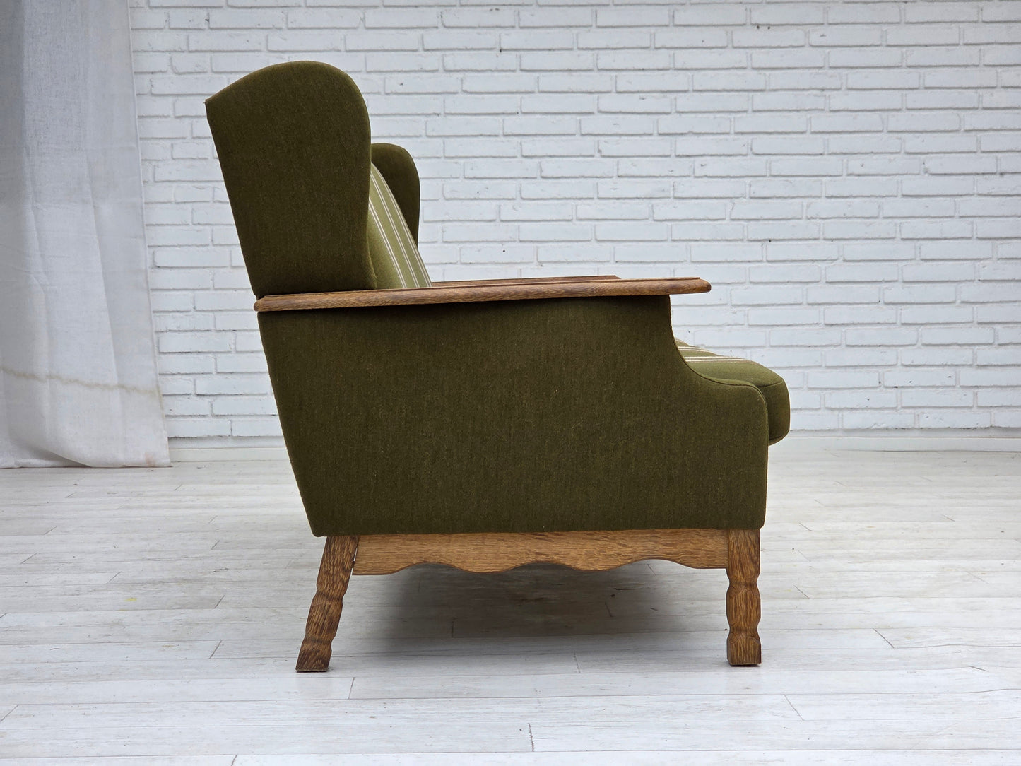 1970s, Danish 3-seater sofa, furniture wool, solid oak wood.