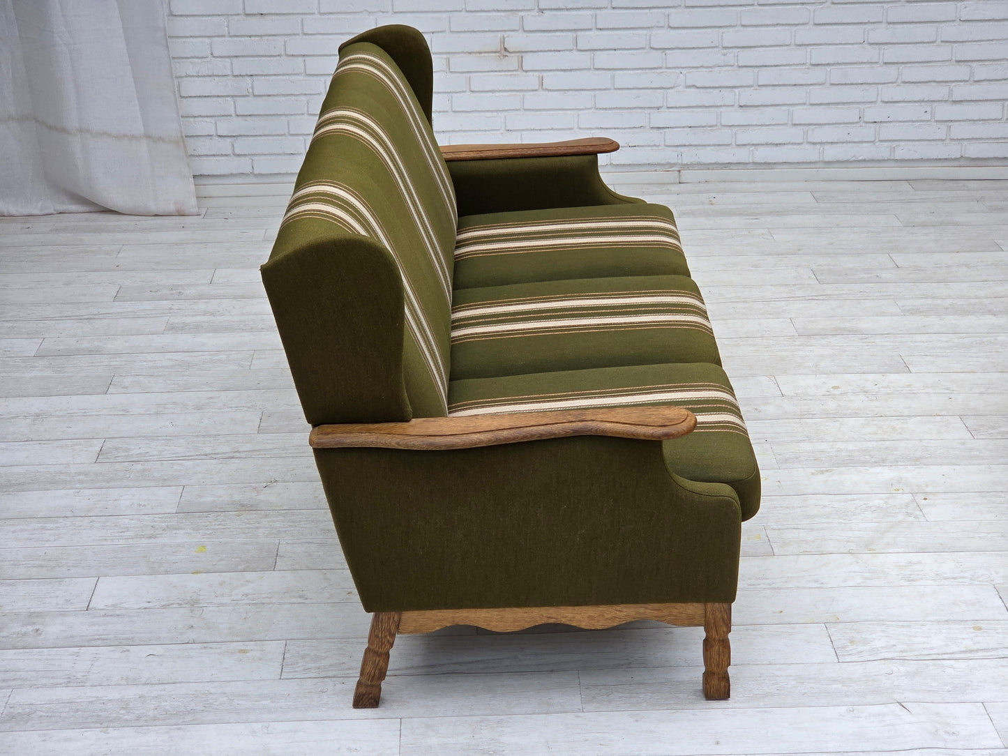 1970s, Danish 3-seater sofa, furniture wool, solid oak wood.