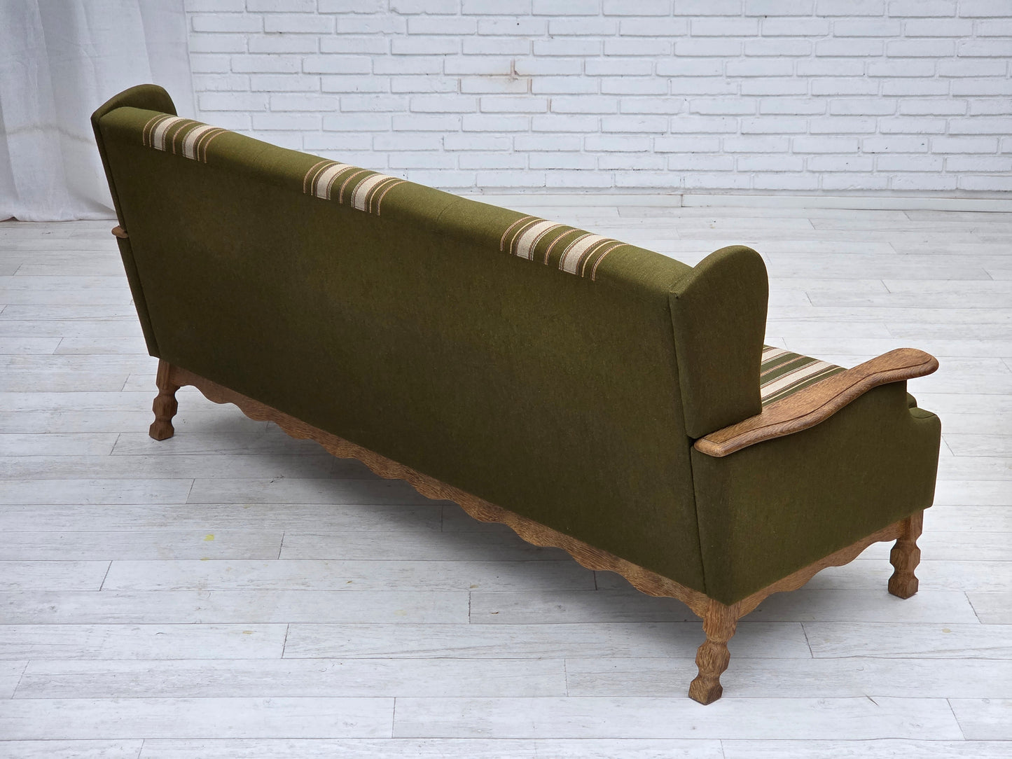 1970s, Danish 3-seater sofa, furniture wool, solid oak wood.