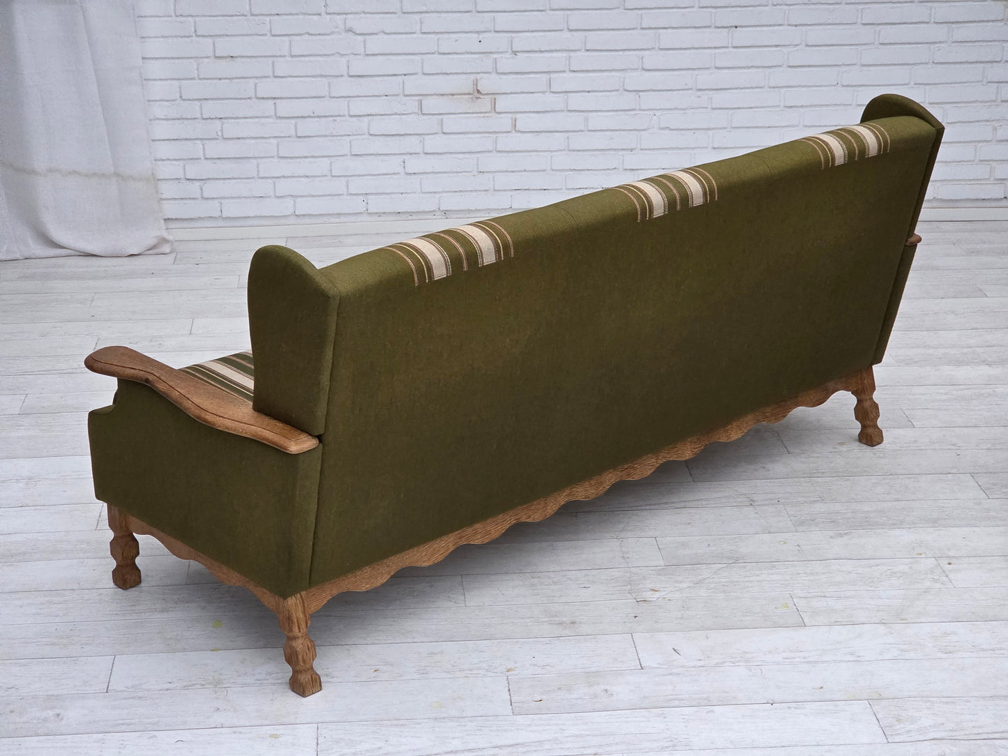 1970s, Danish 3-seater sofa, furniture wool, solid oak wood.
