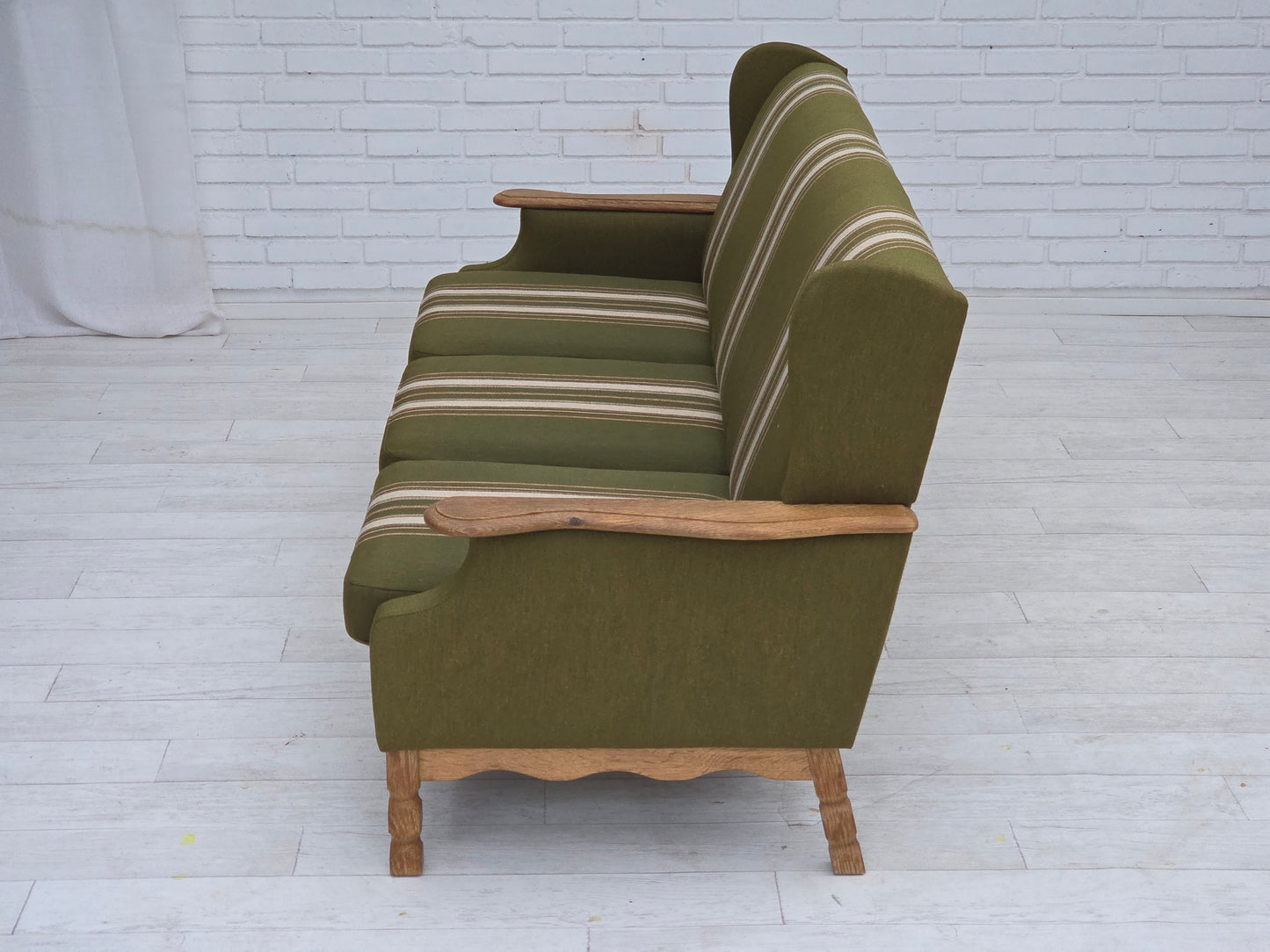 1970s, Danish 3-seater sofa, furniture wool, solid oak wood.