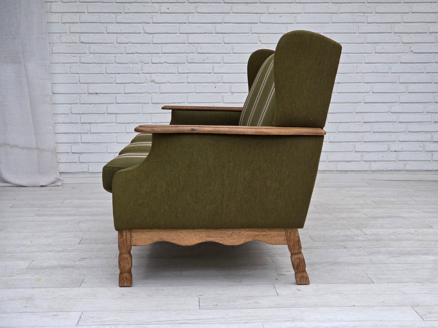 1970s, Danish 3-seater sofa, furniture wool, solid oak wood.