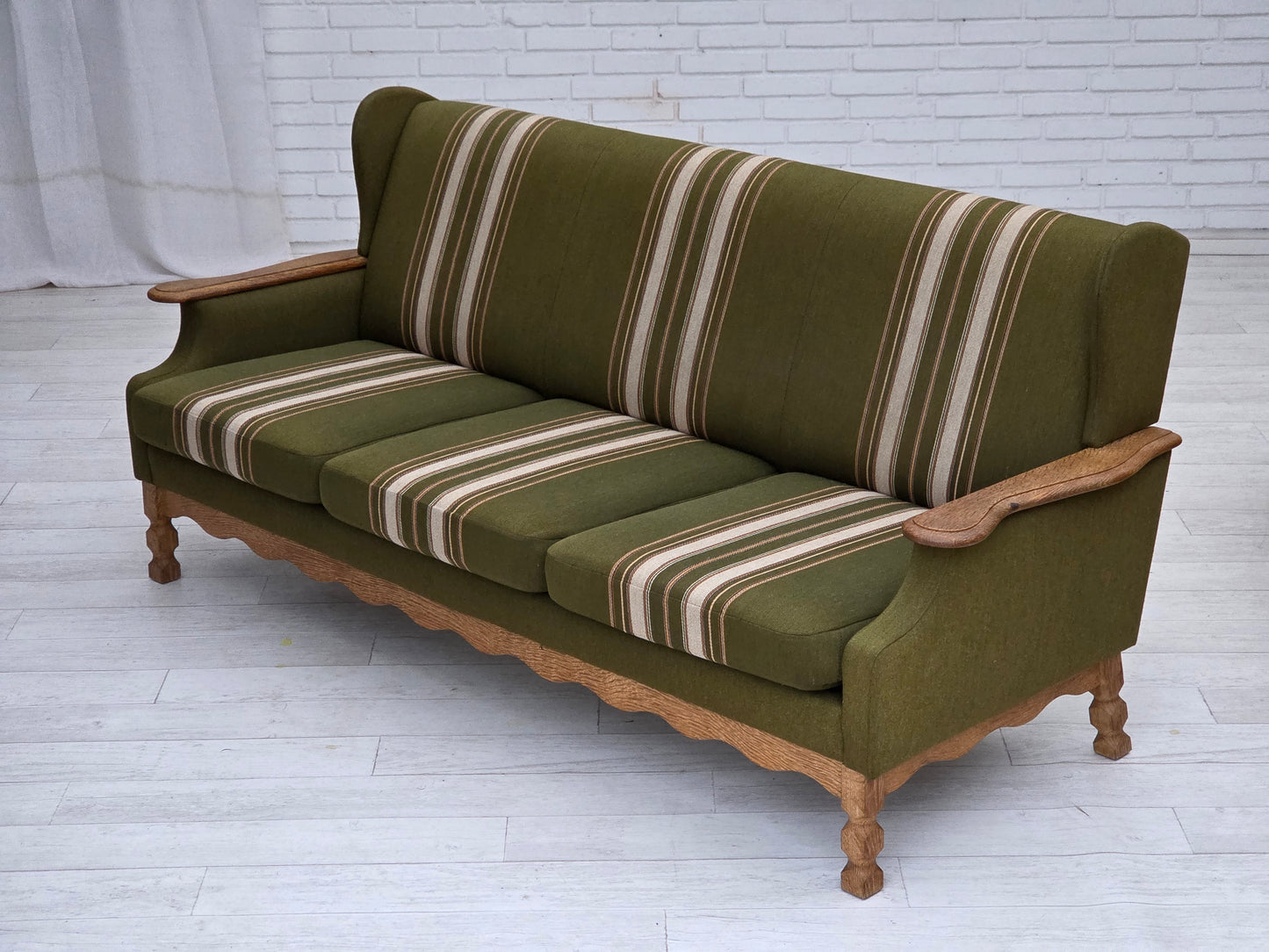 1970s, Danish 3-seater sofa, furniture wool, solid oak wood.