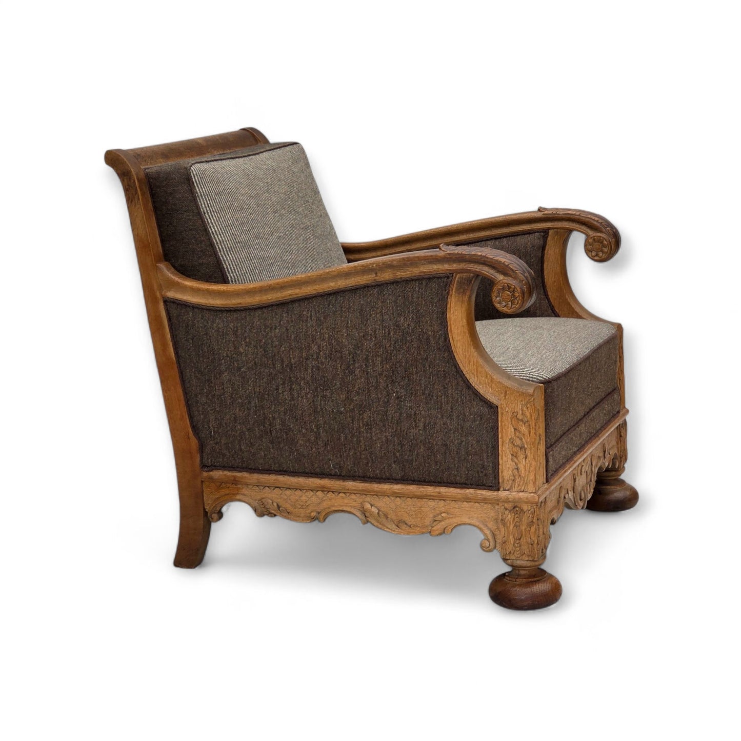 1950s, Danish armchair, furniture wool, solid carved oak wood.