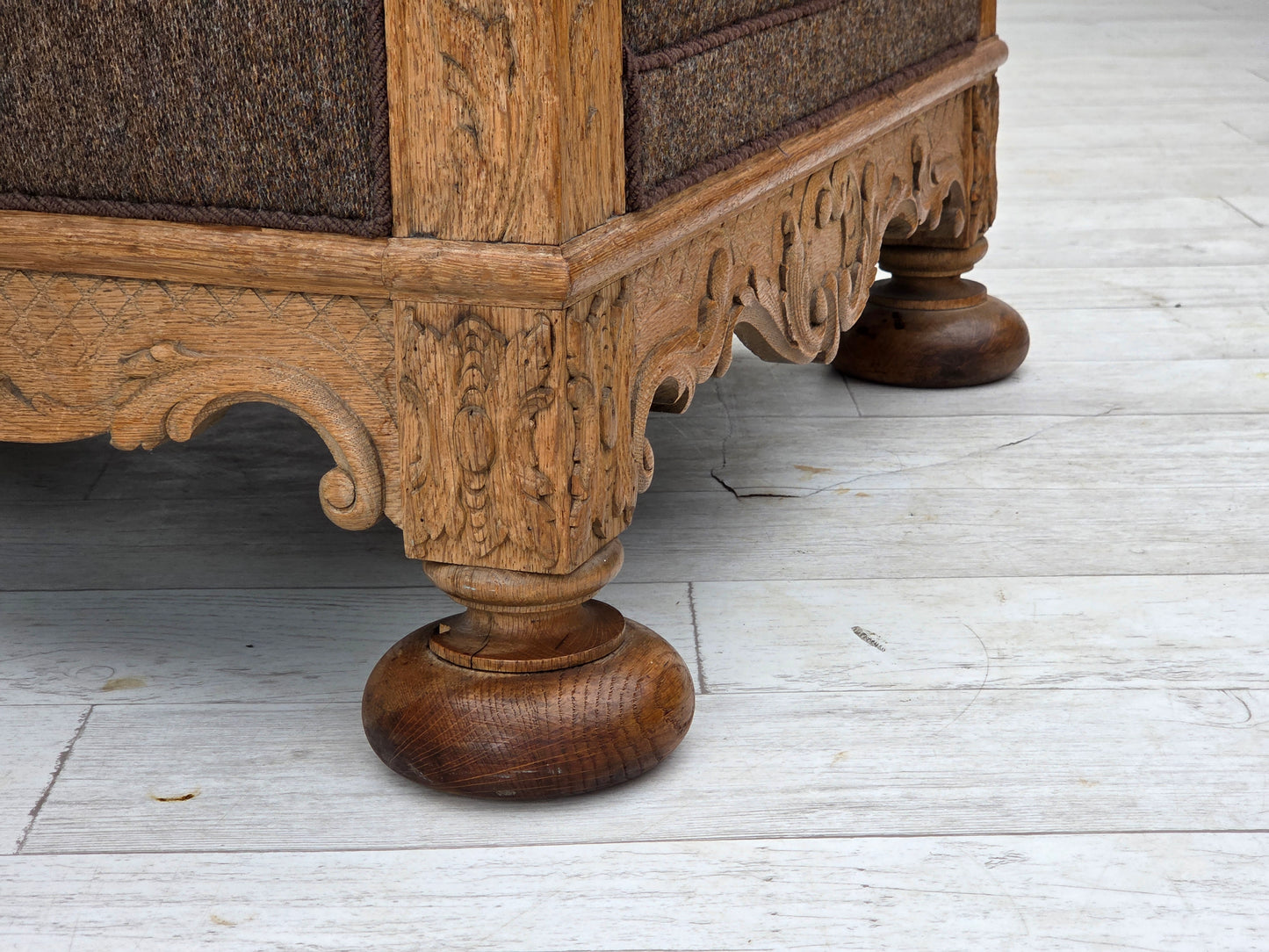 1950s, Danish armchair, furniture wool, solid carved oak wood.