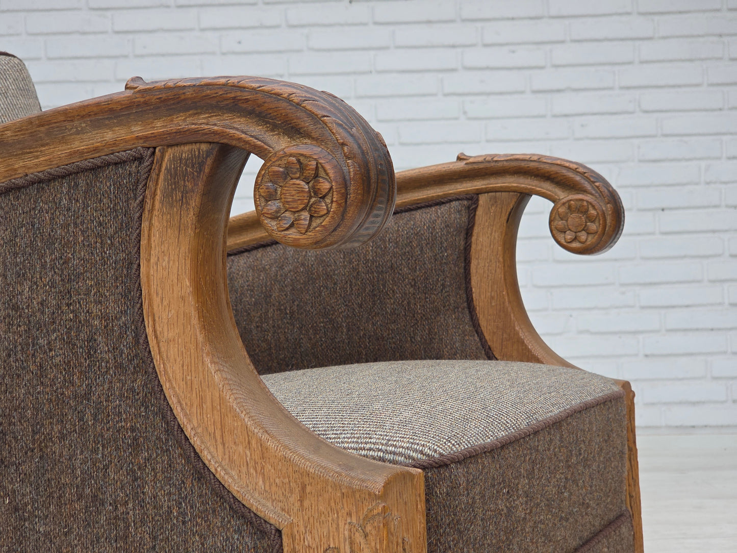 1950s, Danish armchair, furniture wool, solid carved oak wood.